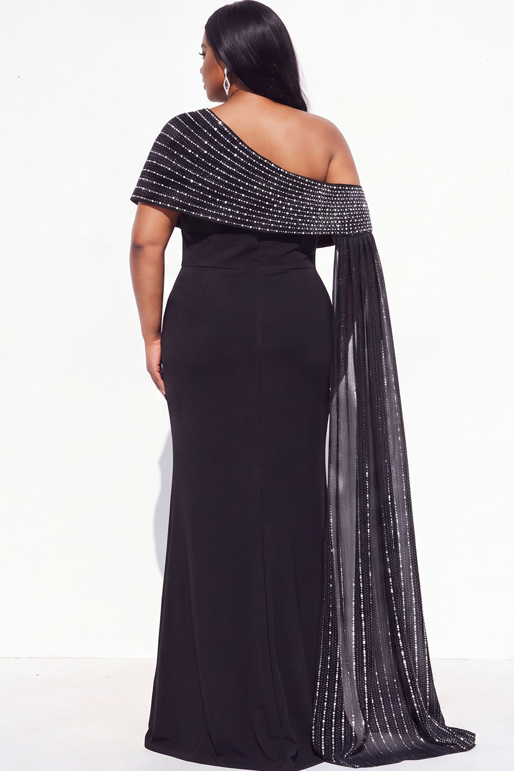 Plus Size One Shoulder Rhinestone Maxi Dress with Cape Sleeves