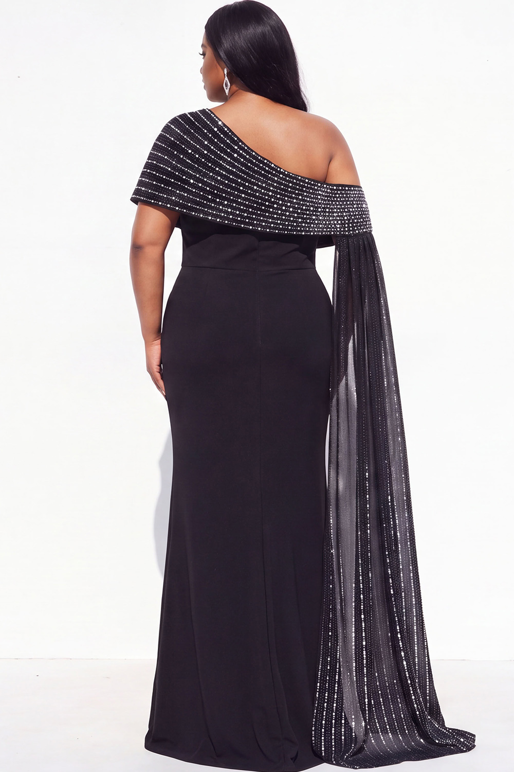 Plus Size One Shoulder Rhinestone Maxi Dress with Cape Sleeves