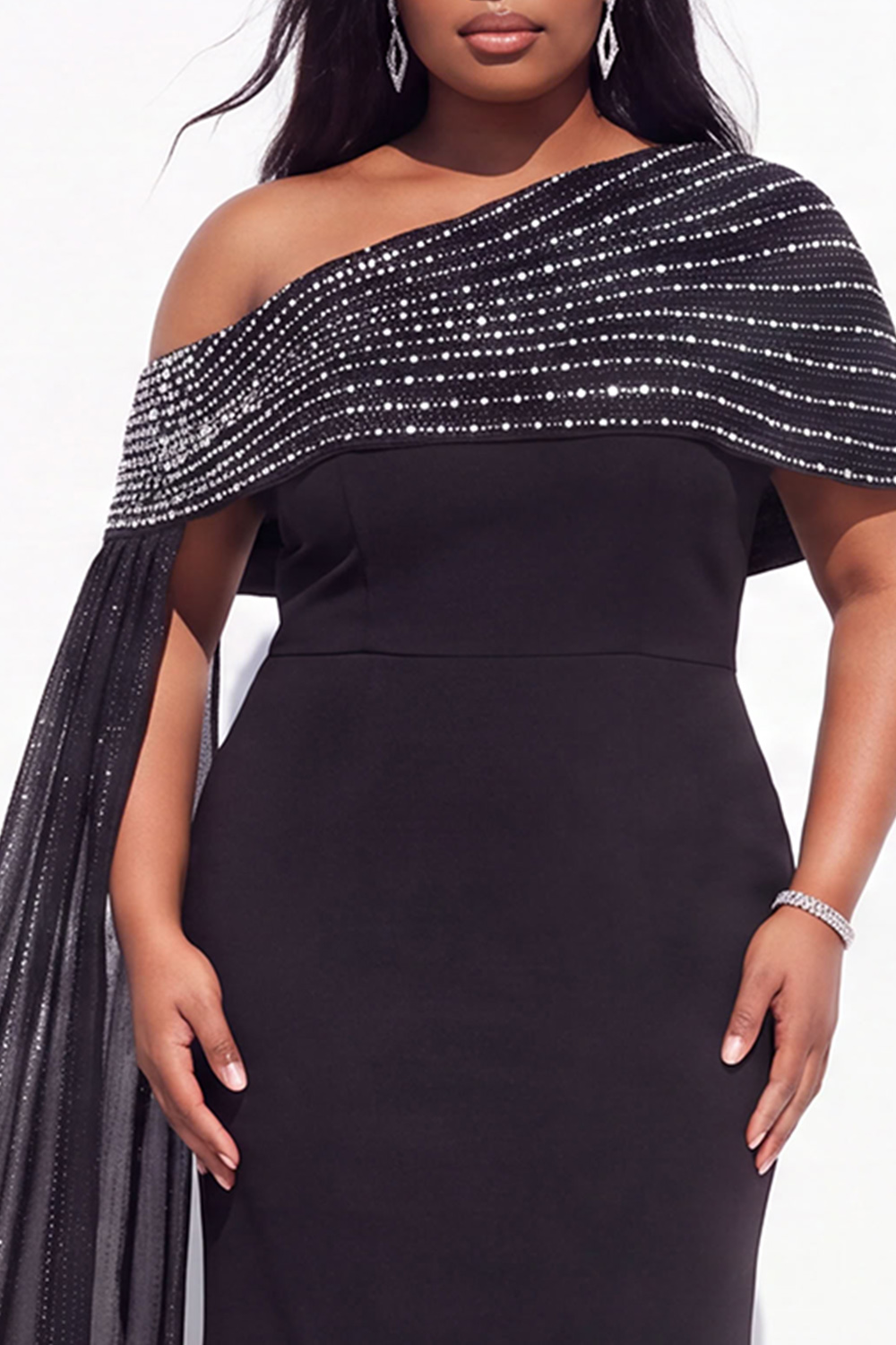 Plus Size One Shoulder Rhinestone Maxi Dress with Cape Sleeves