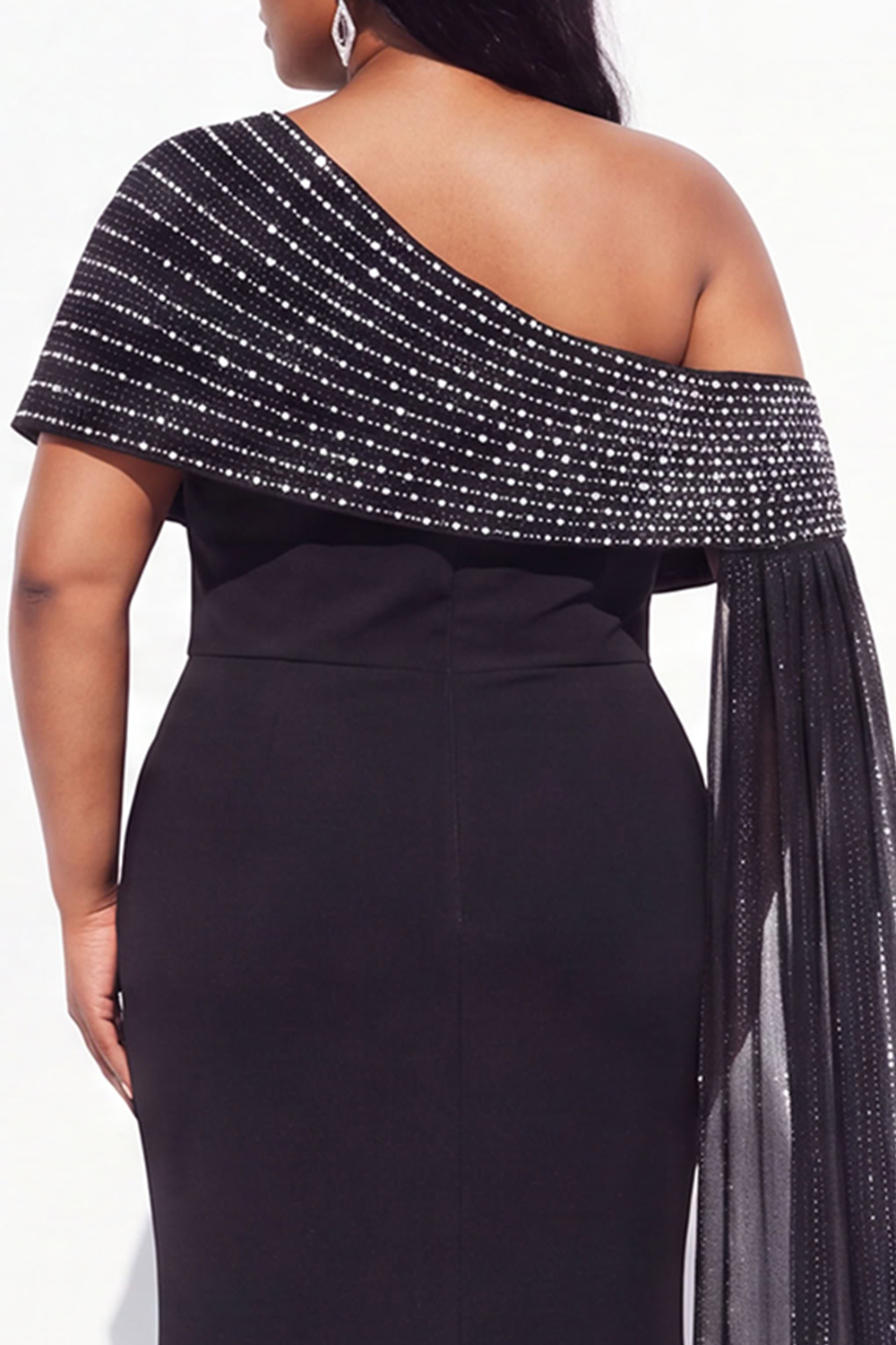 Plus Size One Shoulder Rhinestone Maxi Dress with Cape Sleeves