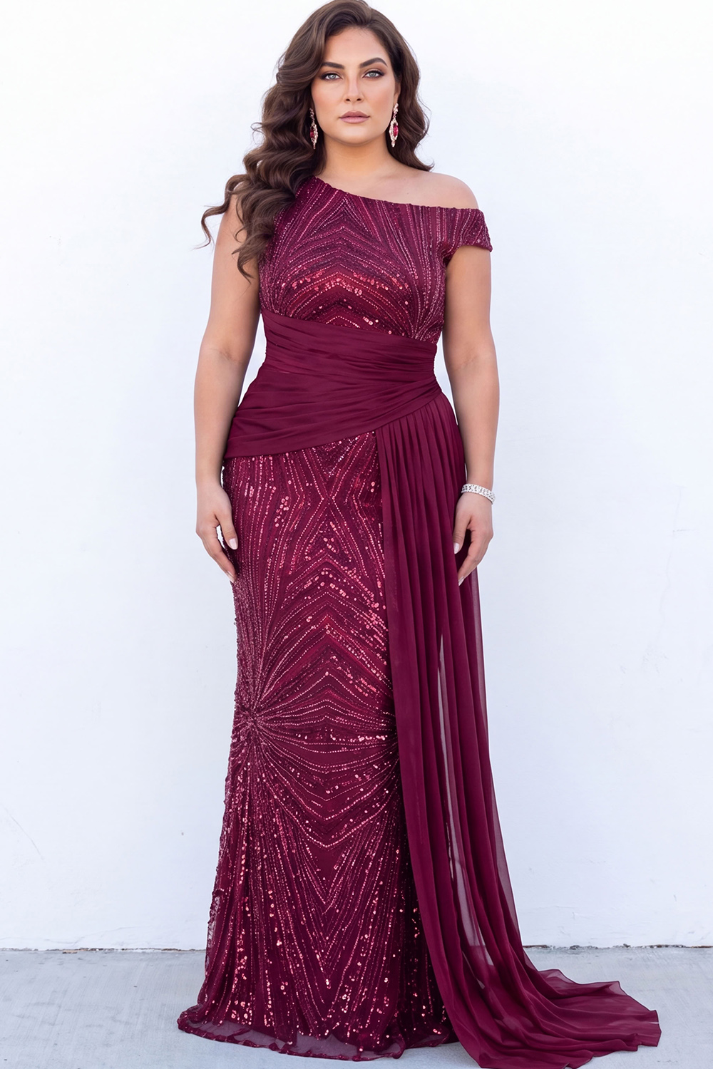 Dressself Women Burgundy Sequin Plus Size Maxi Dress Asymmetrical Neck Mermaid Evening Dress with Sash