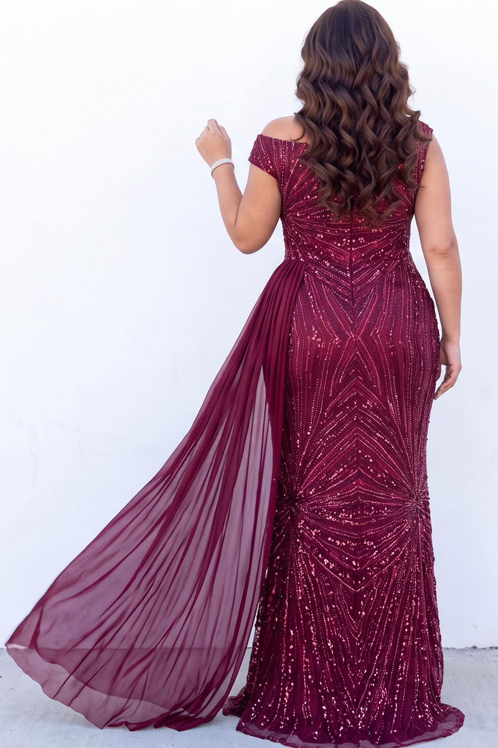 Burgundy Sequin Asymmetrical Plus Size Maxi Dress with Sash