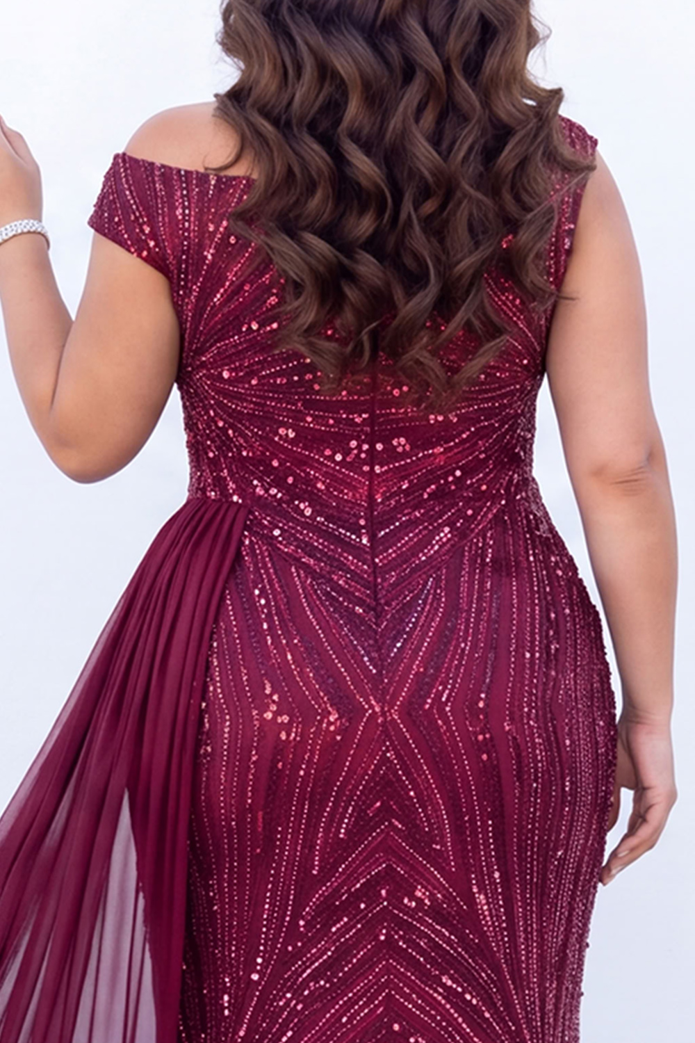 Burgundy Sequin Asymmetrical Plus Size Maxi Dress with Sash