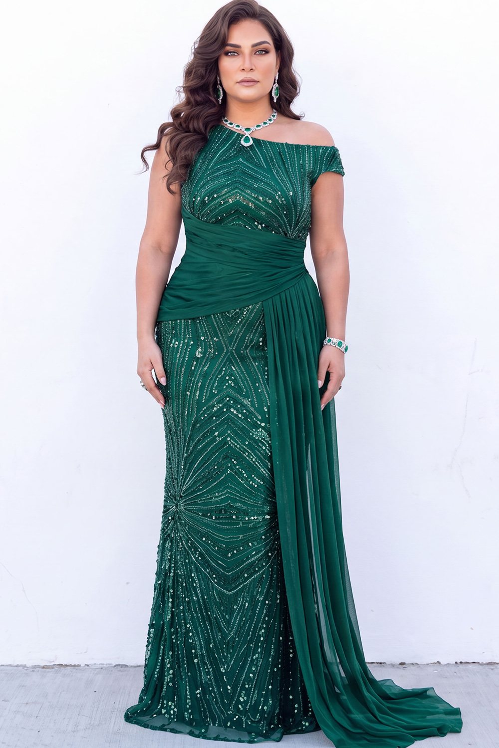 Burgundy Sequin Asymmetrical Plus Size Maxi Dress with Sash