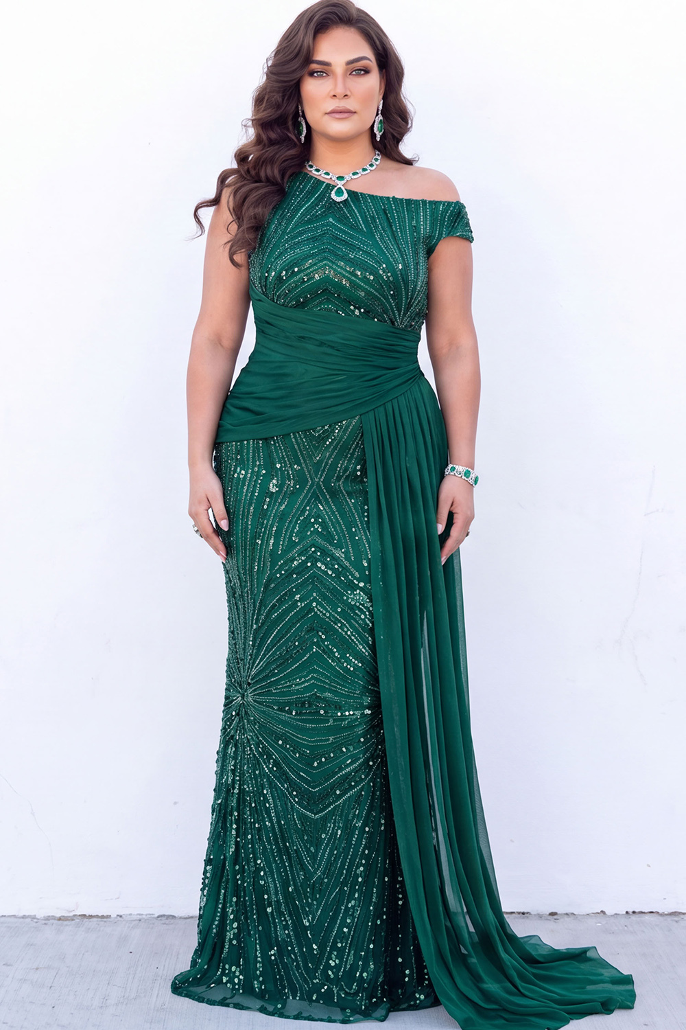 Burgundy Sequin Asymmetrical Plus Size Maxi Dress with Sash