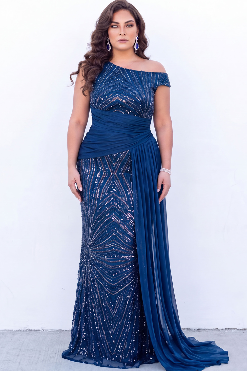 Burgundy Sequin Asymmetrical Plus Size Maxi Dress with Sash
