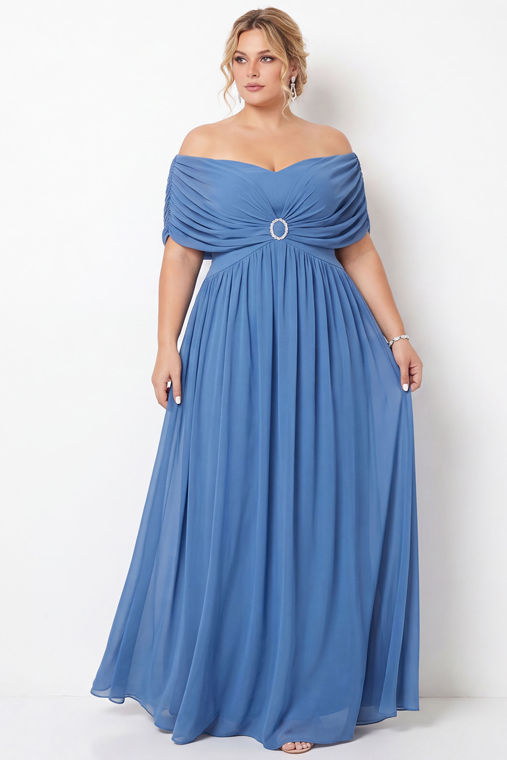 Steel Blue Off the Shoulder A Line Plus Size Maxi Dress