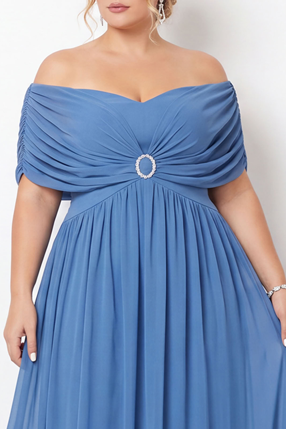 Steel Blue Off the Shoulder A Line Plus Size Maxi Dress