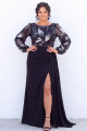 Plus Size Black Long Sleeve Sequin Formal Dress with Slit