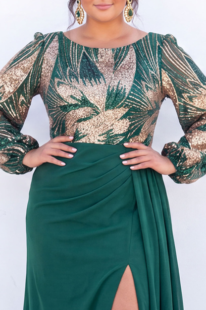 Plus Size Black Sequin Mermaid Long Sleeve Formal Dress
