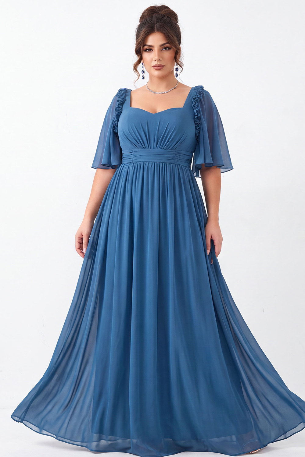 Dusty Blue A Line Plus Size Formal Dress with Half Sleeves 