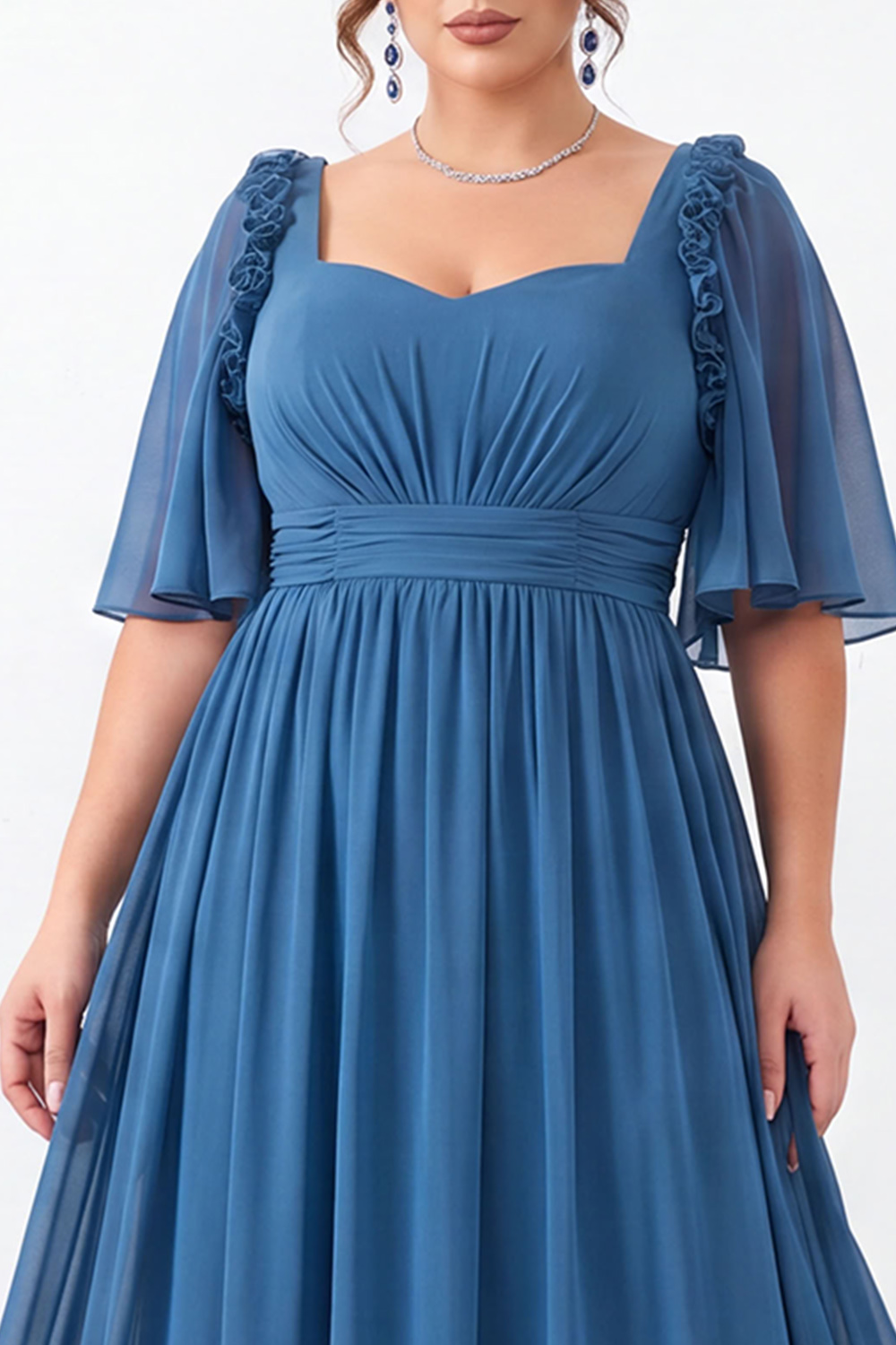 Dusty Blue A Line Plus Size Formal Dress with Half Sleeves 