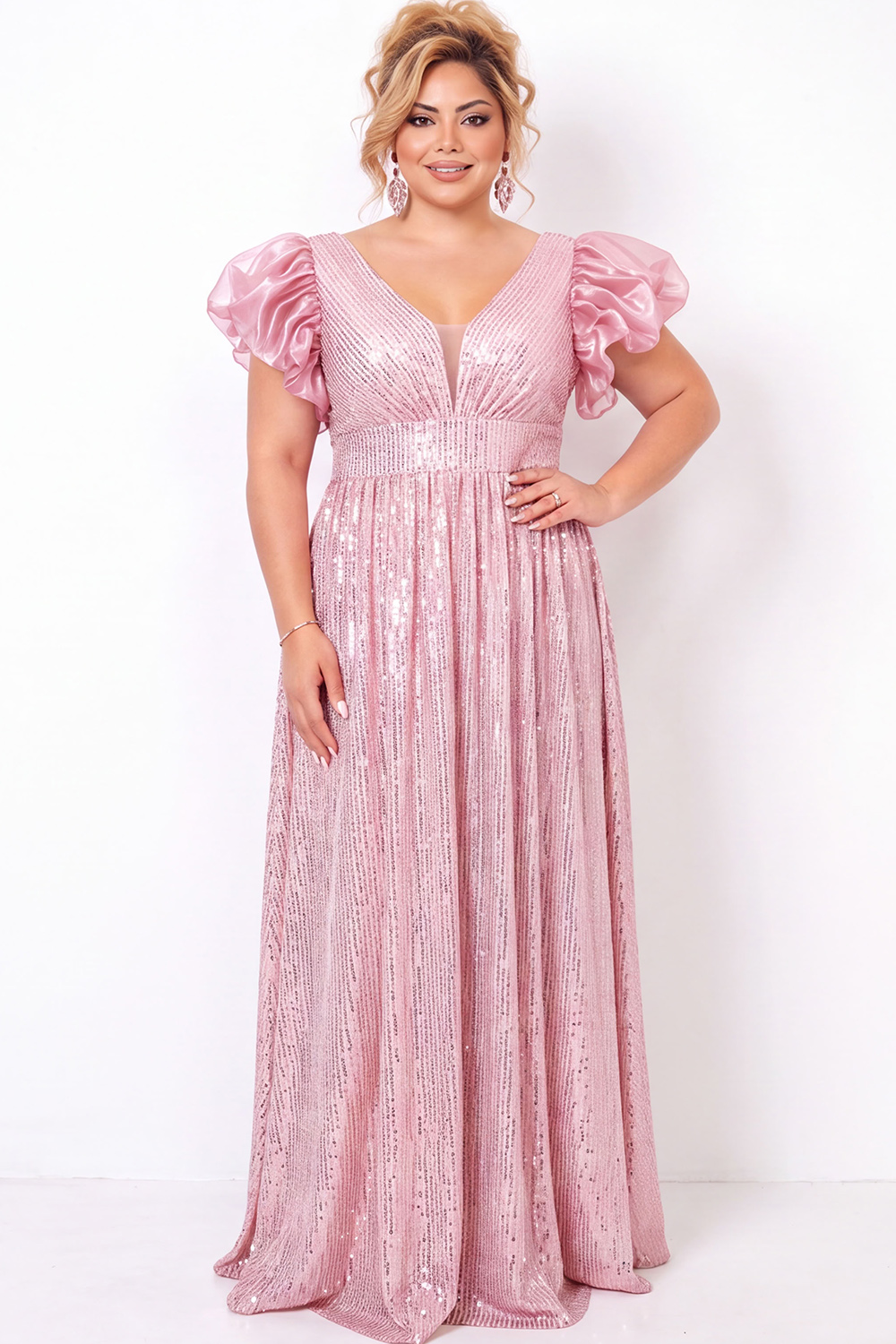 Sparkly Blush Pink Sequin A Line Plus Size Prom Dress with Puff Sleeves