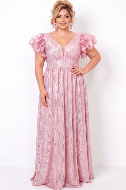 Dressself Women Sparkly Blush Pink Plus Size Prom Dress A Line Sequin V Neck Long Party Dress with Puff Sleeves