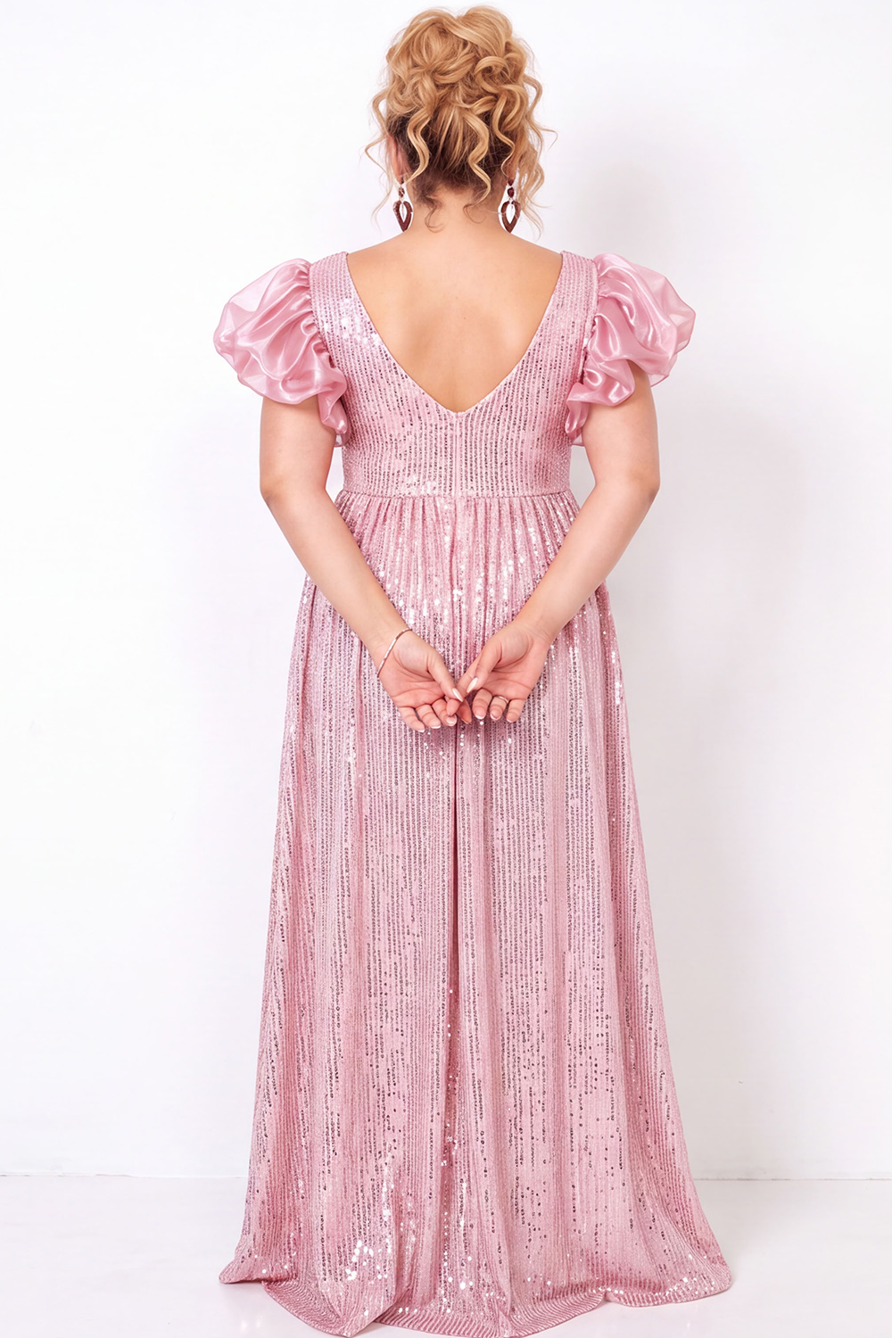 Sparkly Blush Pink Sequin A Line Plus Size Prom Dress with Puff Sleeves