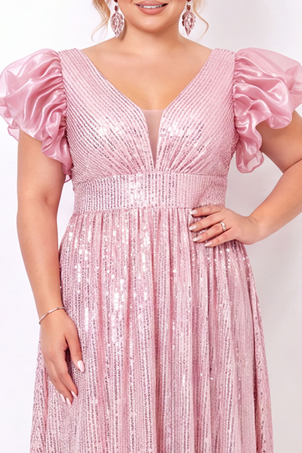 Sparkly Blush Pink Sequin A Line Plus Size Prom Dress with Puff Sleeves