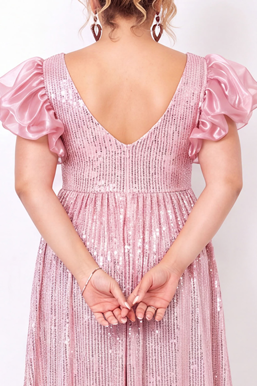 Sparkly Blush Pink Sequin A Line Plus Size Prom Dress with Puff Sleeves