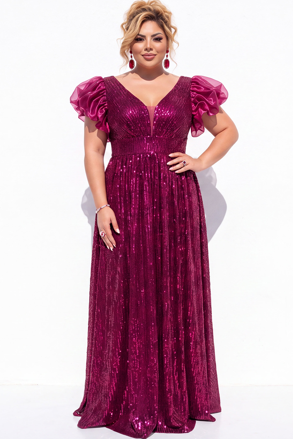 Sparkly Blush Pink Sequin A Line Plus Size Prom Dress with Puff Sleeves