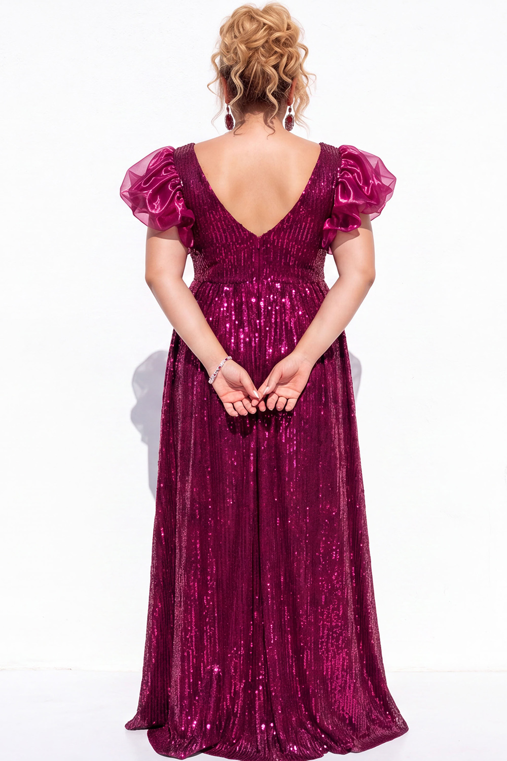 Sparkly Blush Pink Sequin A Line Plus Size Prom Dress with Puff Sleeves