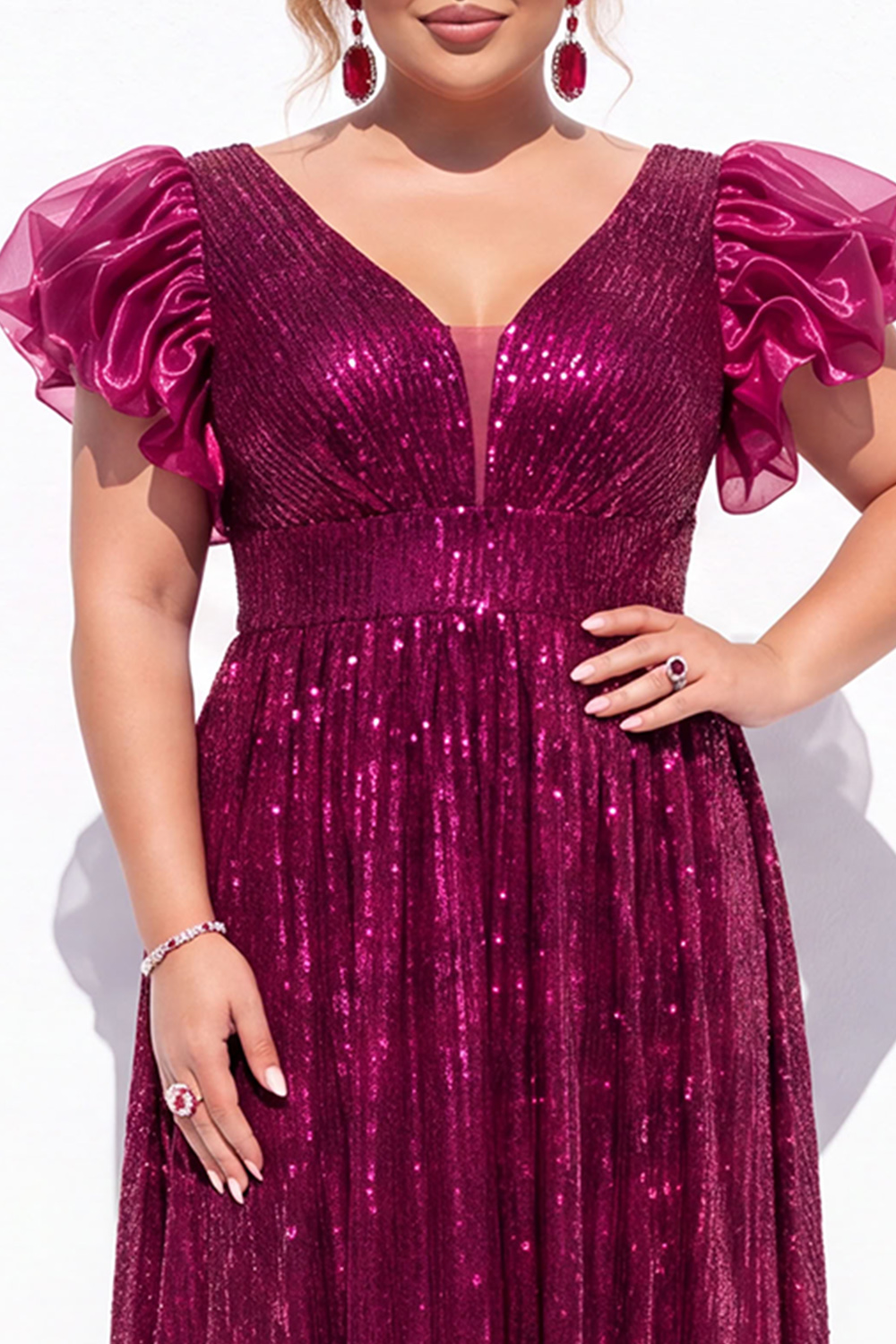 Sparkly Blush Pink Sequin A Line Plus Size Prom Dress with Puff Sleeves