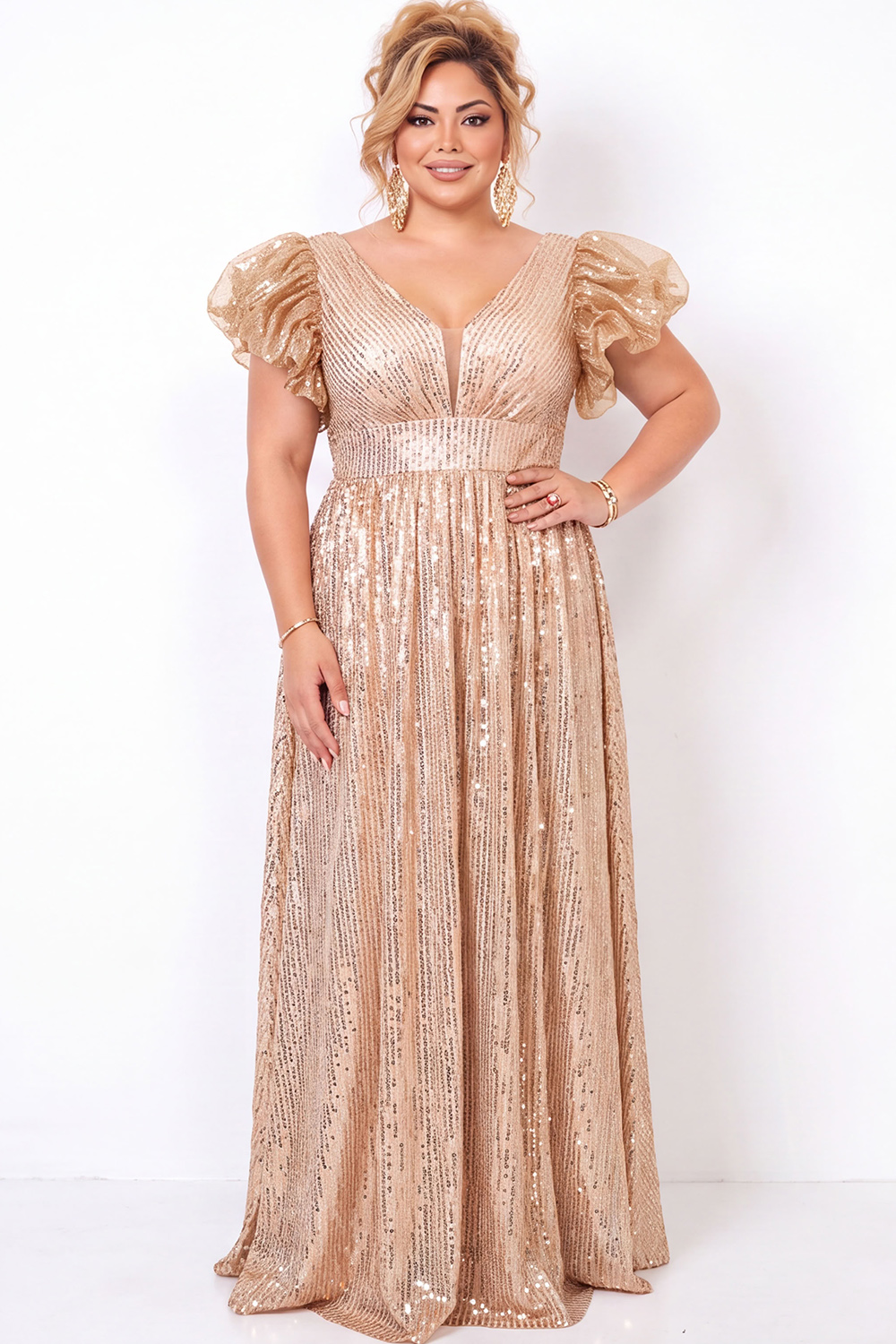 Sparkly Blush Pink Sequin A Line Plus Size Prom Dress with Puff Sleeves