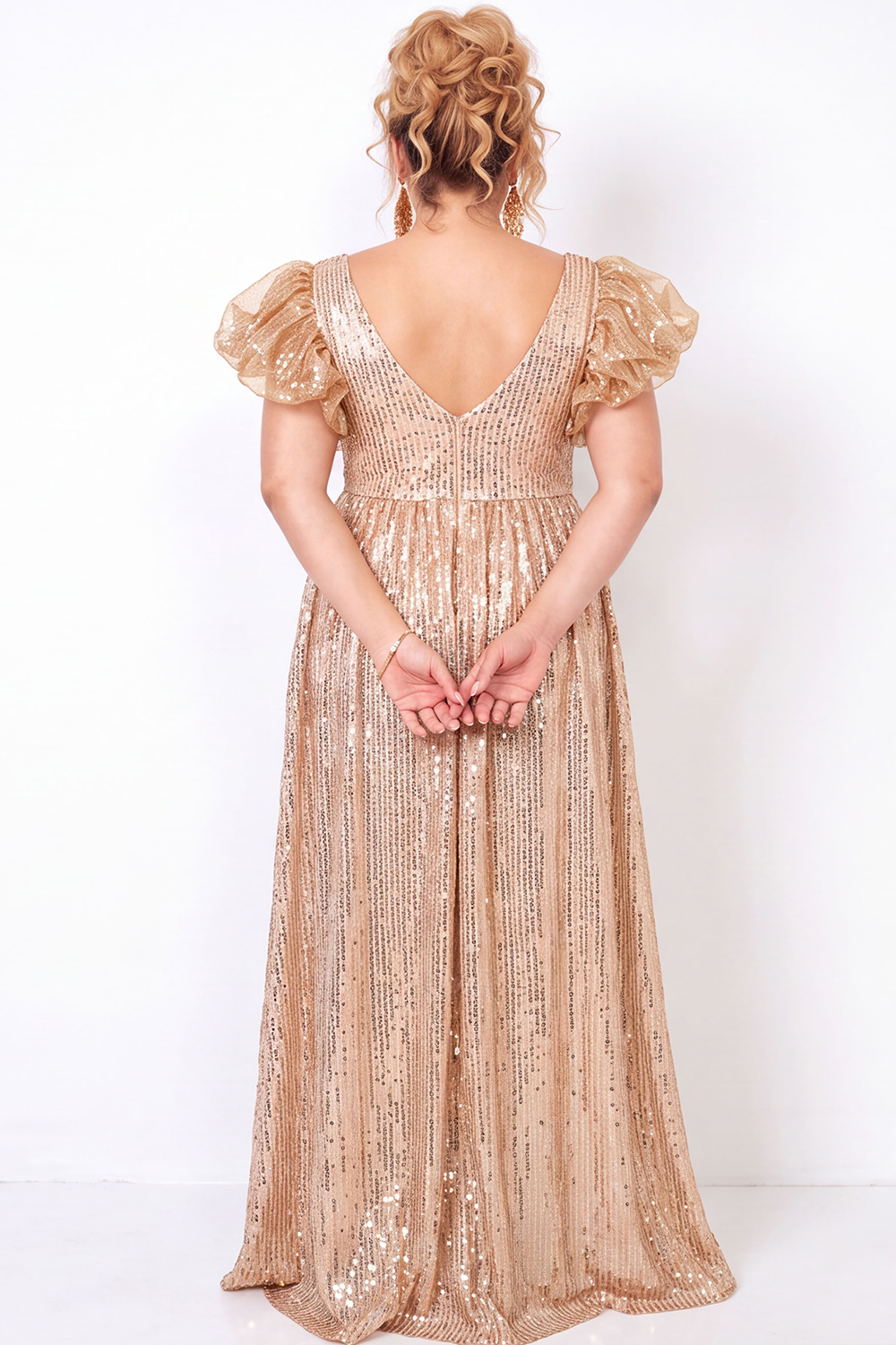 Sparkly Blush Pink Sequin A Line Plus Size Prom Dress with Puff Sleeves
