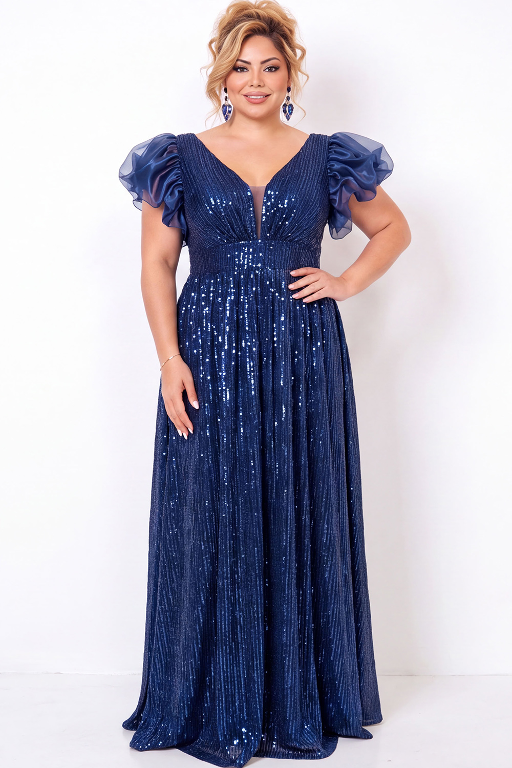 Sparkly Blush Pink Sequin A Line Plus Size Prom Dress with Puff Sleeves