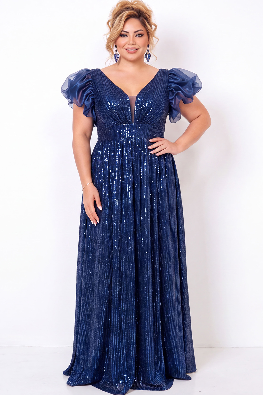 Sparkly Blush Pink Sequin A Line Plus Size Prom Dress with Puff Sleeves
