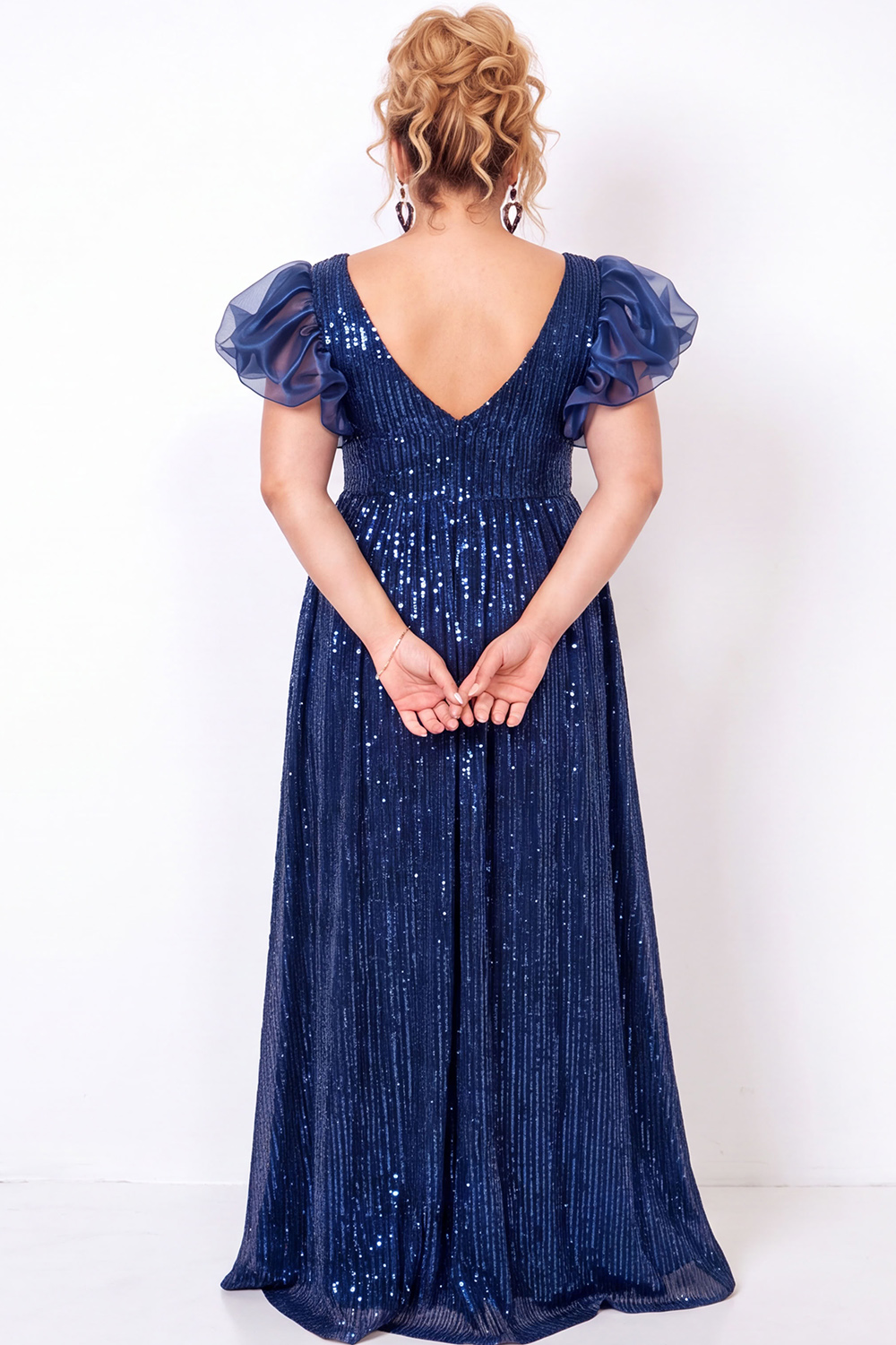 Sparkly Blush Pink Sequin A Line Plus Size Prom Dress with Puff Sleeves