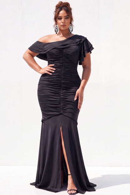 Dressself Women Plus Size Black Formal Dress Asymmetrical Mermaid Ruched Long Evening Dress with Slit