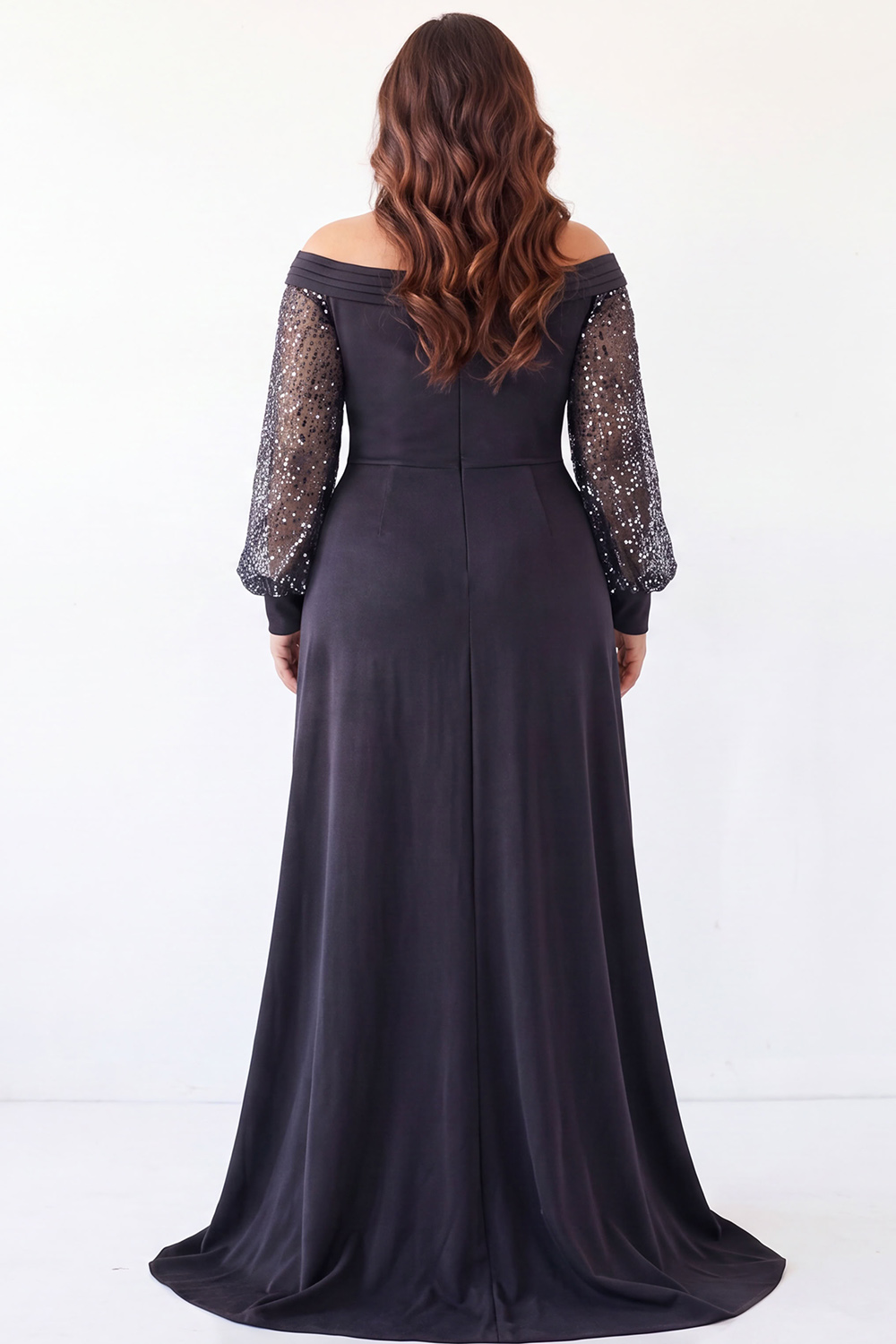 Black Sequin Beaded Off the Shoulder Maxi Dress