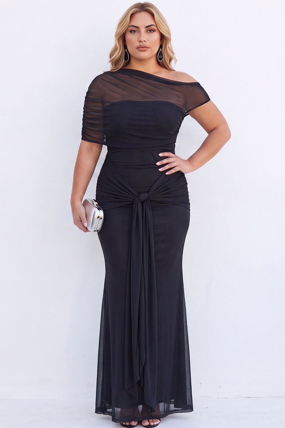 Plus Size Black Mermaid Asymmetrical Maxi Formal Dress