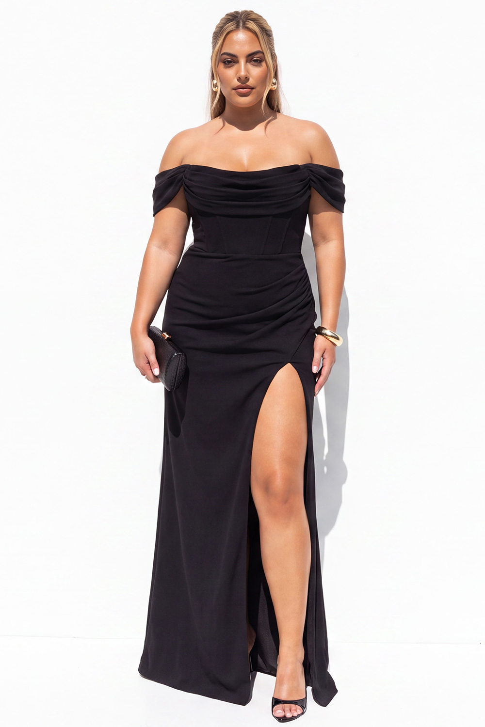 Black Corset Off the Shoulder Plus Size Maxi Formal Dress with Slit