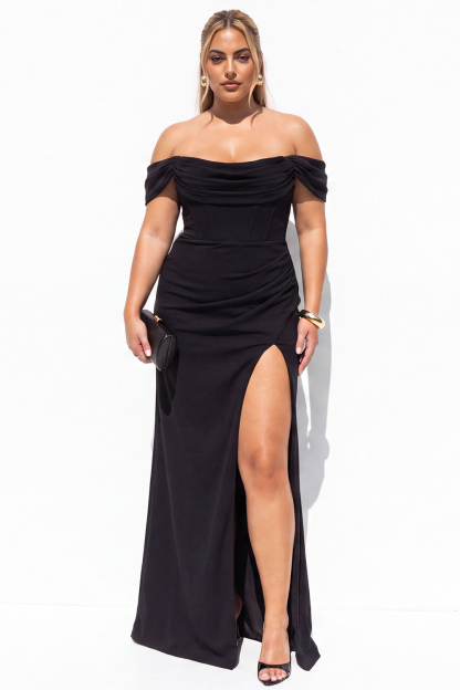 Dressself Women Black Maxi Formal Dress Mermaid Off the Shoulder Plus Size Ruched Evening Dress with Side Slit