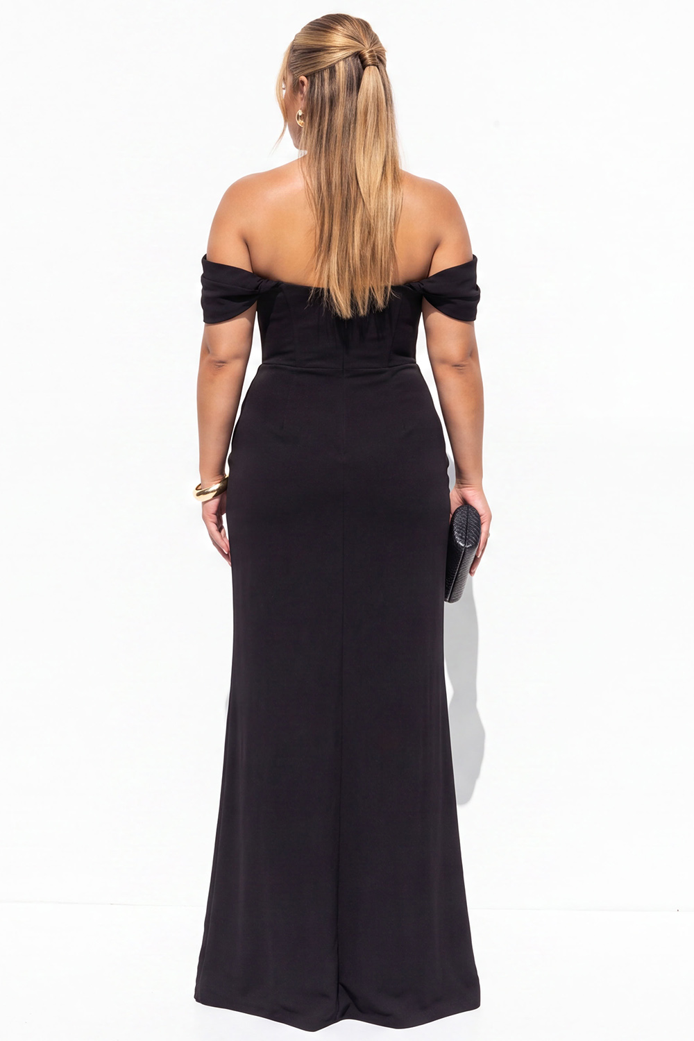 Black Corset Off the Shoulder Plus Size Maxi Formal Dress with Slit
