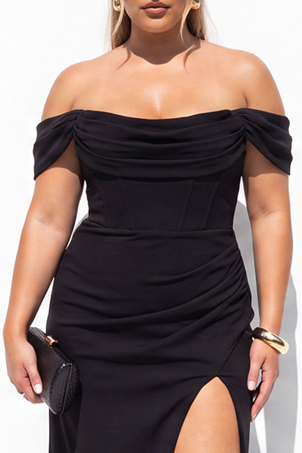 Black Corset Off the Shoulder Plus Size Maxi Formal Dress with Slit
