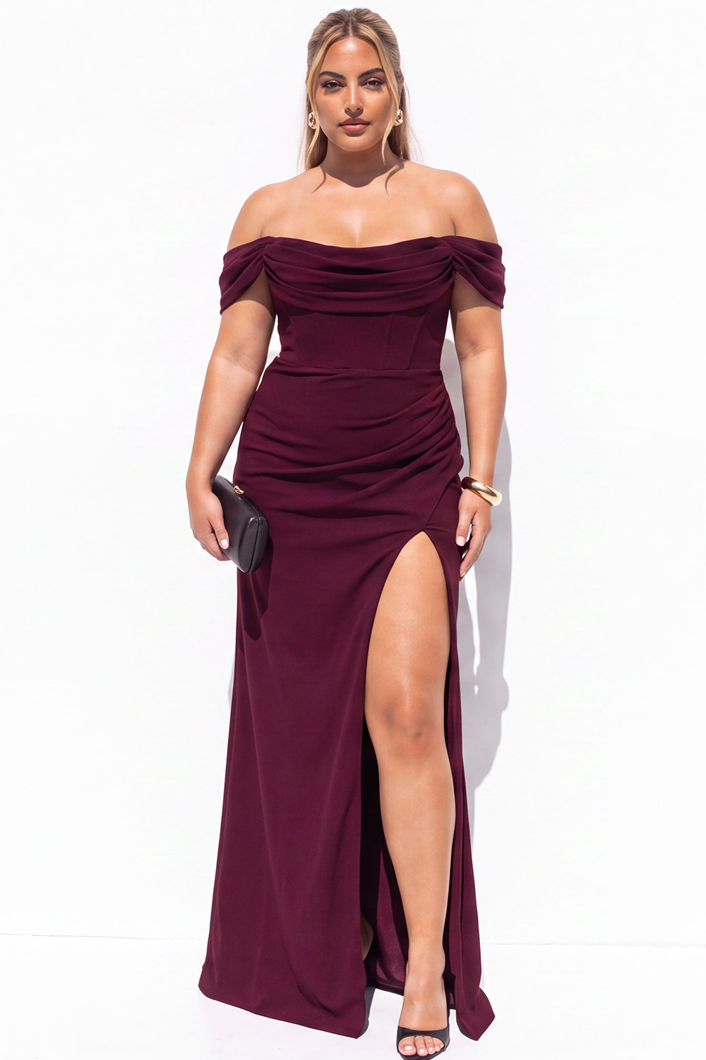 Black Corset Off the Shoulder Plus Size Maxi Formal Dress with Slit