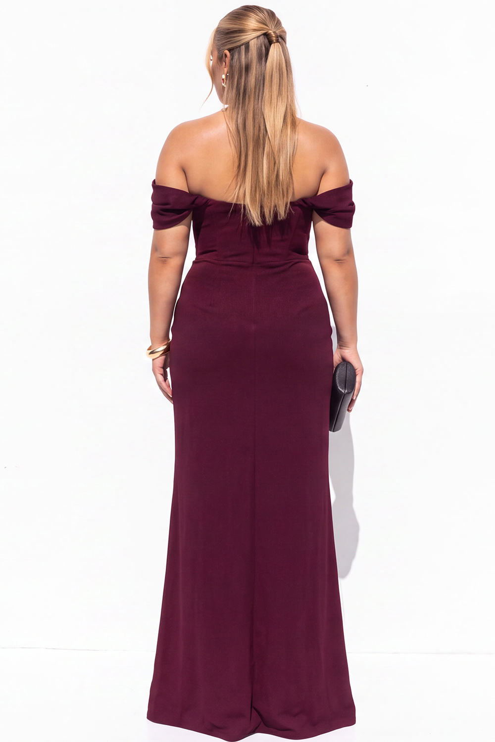 Black Corset Off the Shoulder Plus Size Maxi Formal Dress with Slit