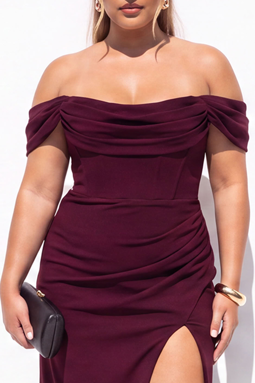 Black Corset Off the Shoulder Plus Size Maxi Formal Dress with Slit