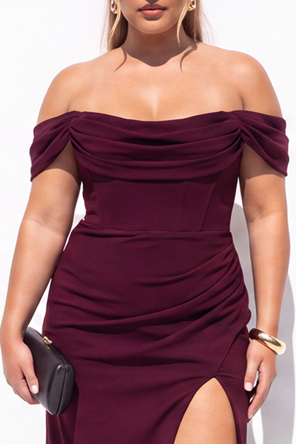 Black Corset Off the Shoulder Plus Size Maxi Formal Dress with Slit