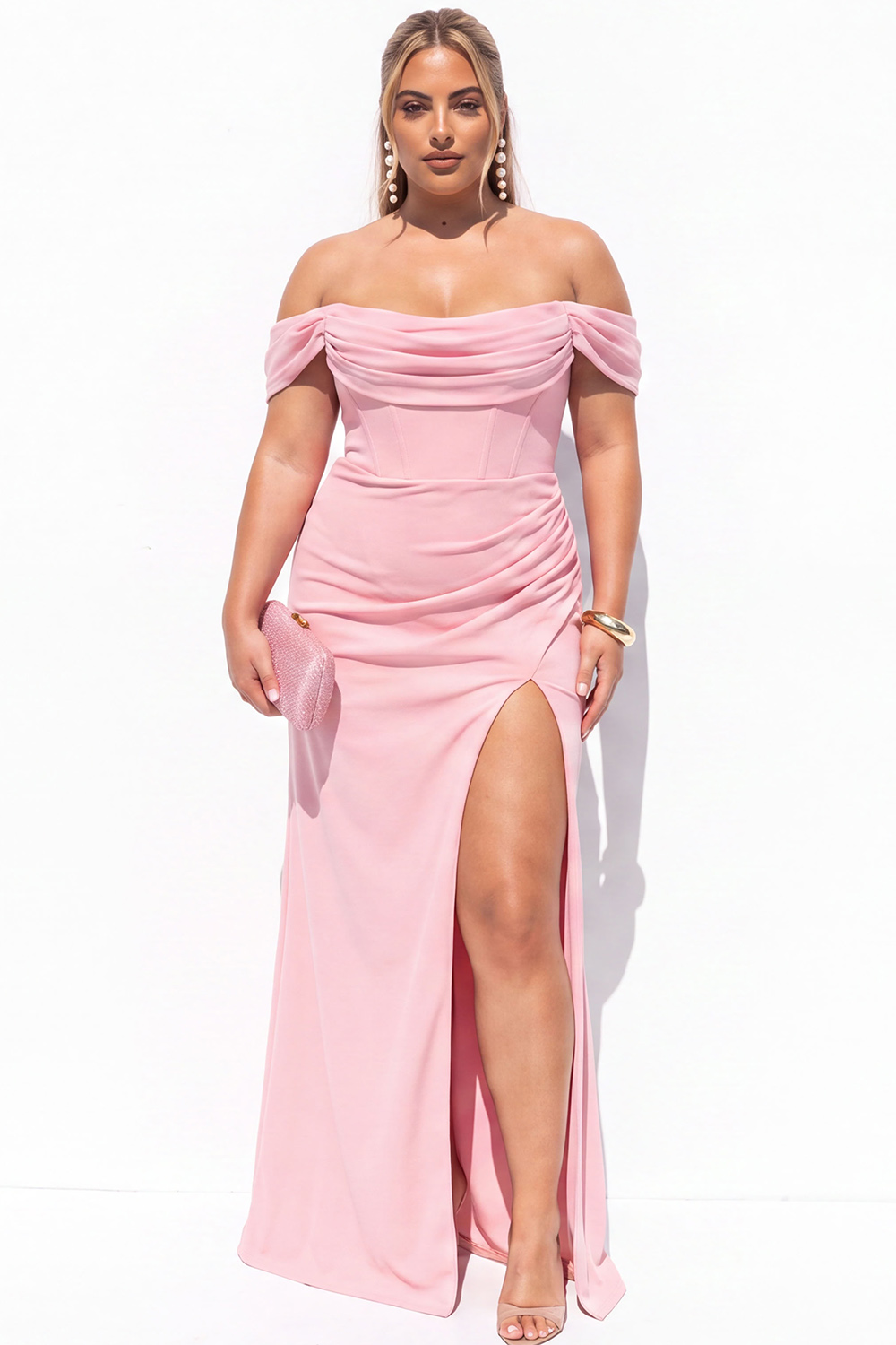 Black Corset Off the Shoulder Plus Size Maxi Formal Dress with Slit