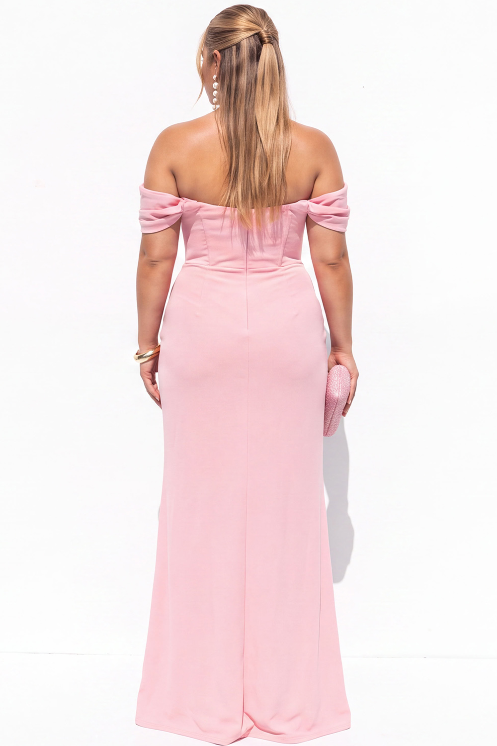 Black Corset Off the Shoulder Plus Size Maxi Formal Dress with Slit