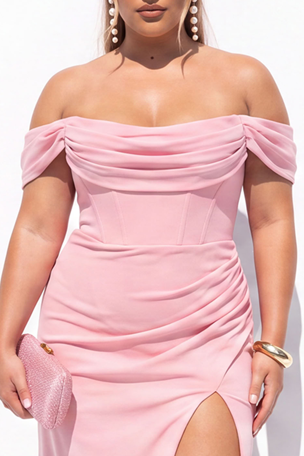 Black Corset Off the Shoulder Plus Size Maxi Formal Dress with Slit