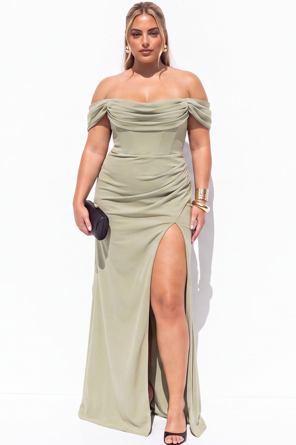 Black Corset Off the Shoulder Plus Size Maxi Formal Dress with Slit