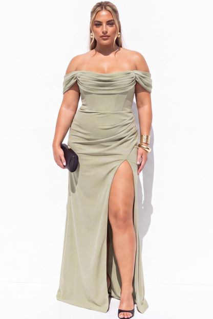 Black Corset Off the Shoulder Plus Size Maxi Formal Dress with Slit