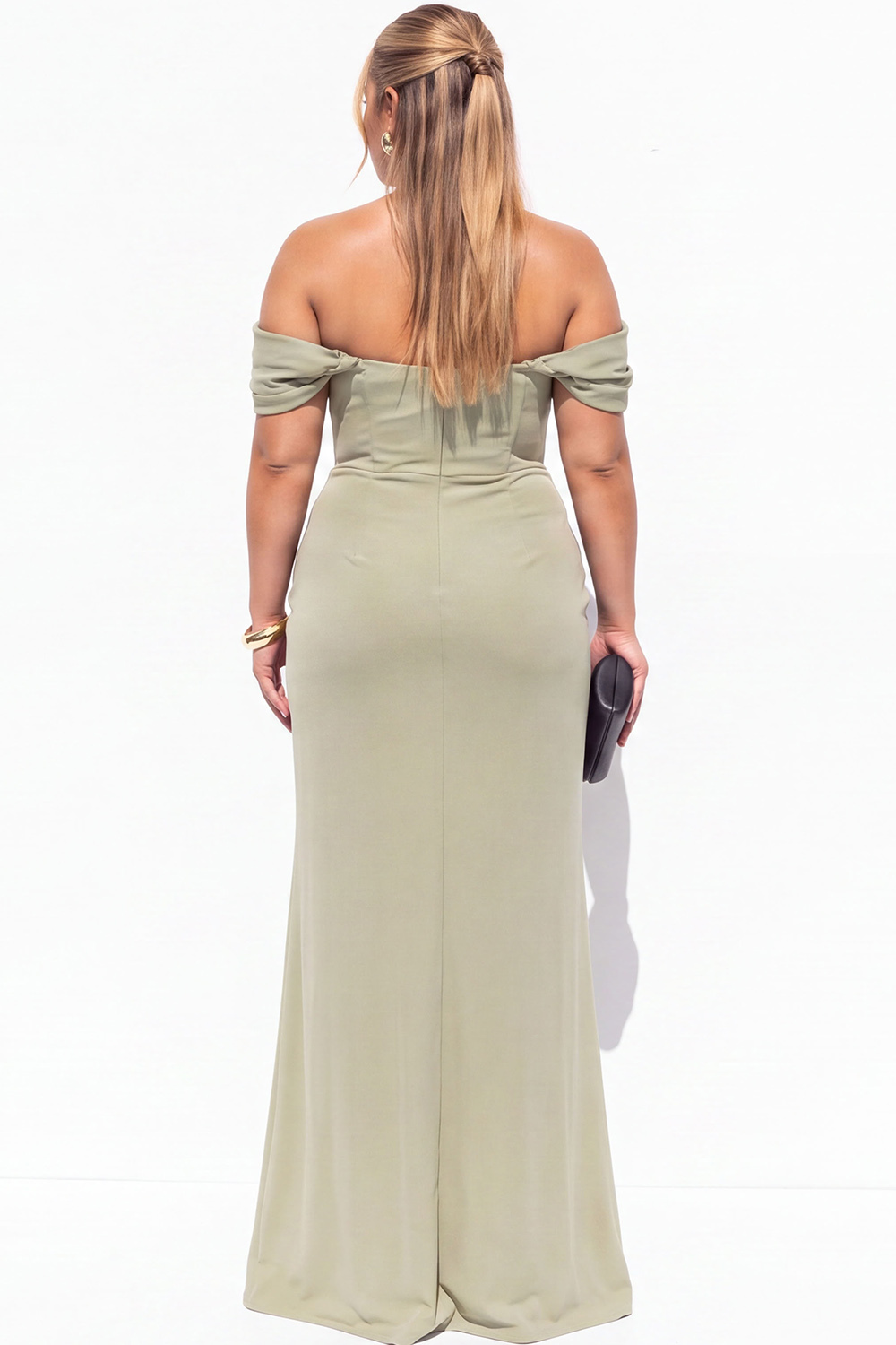 Black Corset Off the Shoulder Plus Size Maxi Formal Dress with Slit
