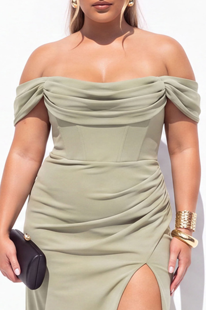 Black Corset Off the Shoulder Plus Size Maxi Formal Dress with Slit