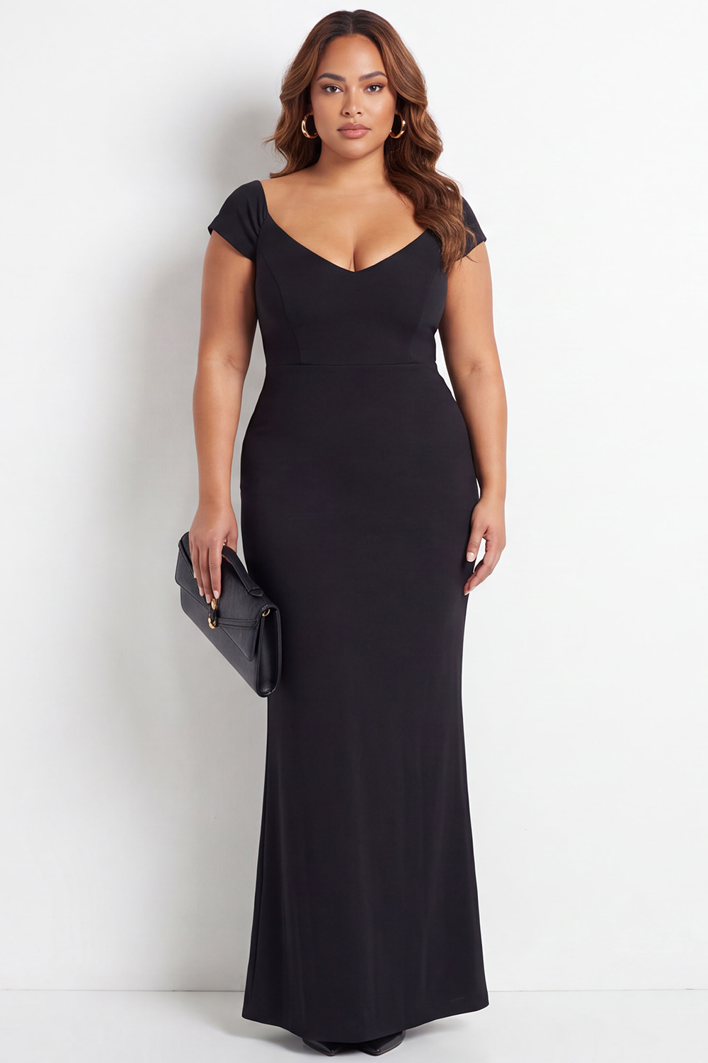Plus Size Black Mermaid Sweetheart Cap Sleeves Maxi Formal Dress