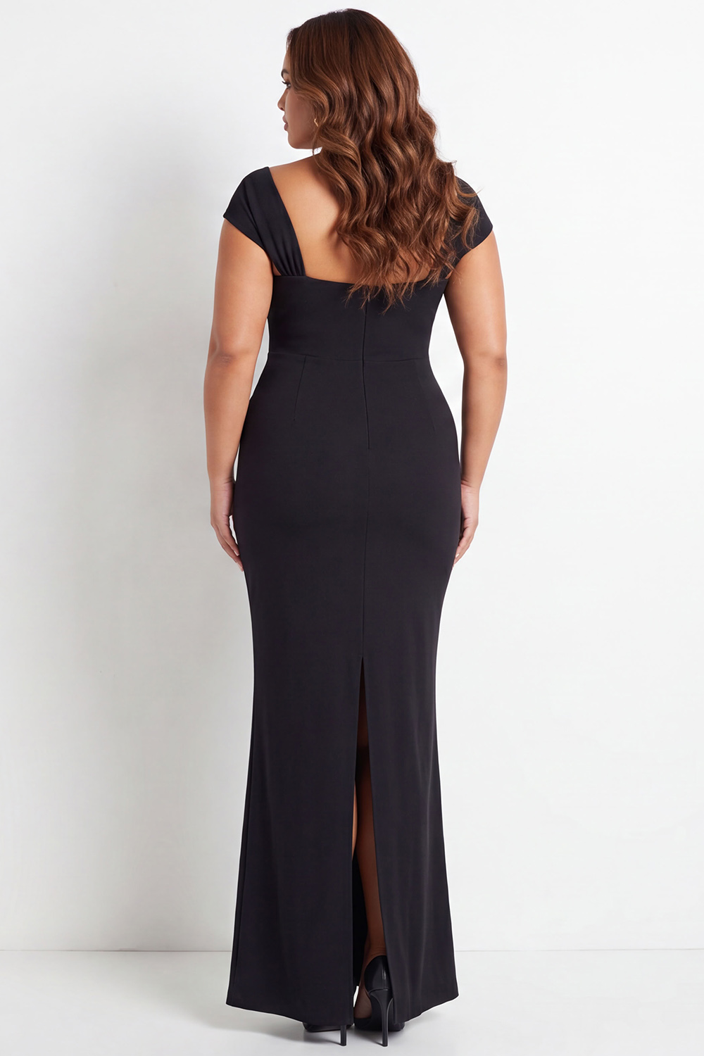 Plus Size Black Mermaid Sweetheart Cap Sleeves Maxi Formal Dress