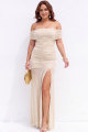 Plus Size Beige Off the Shoulder Ruched Formal Dress with Slit